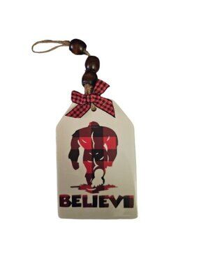 HAND MADE CERAMIC BELIEVE BIG FOOT BEADED CHRISTMAS ORNAMENT 5IN